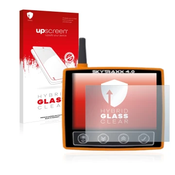 Face avant d’un emballage produit avec le logo de la marque upscreen. À côté, l’appareil Skytraxx 4.0 est représenté avec la p