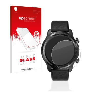 Face avant d’un emballage produit avec le logo de la marque upscreen. À côté, l’appareil Mobvoi Ticwatch Pro 3 Ultra GPS est r
