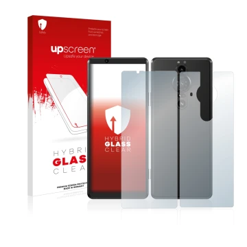 Face avant d’un emballage produit avec le logo de la marque upscreen. À côté, l’appareil Sony Xperia Pro-I (Avant+Arrière) est