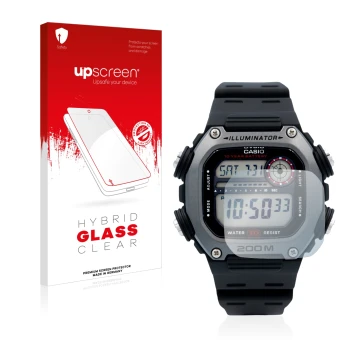 Face avant d’un emballage produit avec le logo de la marque upscreen. À côté, l’appareil Casio DW-291H est représenté avec la 