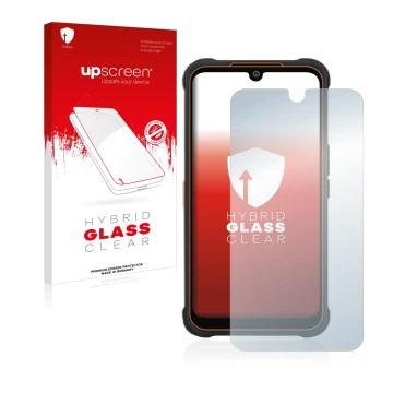 Face avant d’un emballage produit avec le logo de la marque upscreen. À côté, l’appareil AGM Glory Pro est représenté avec la 