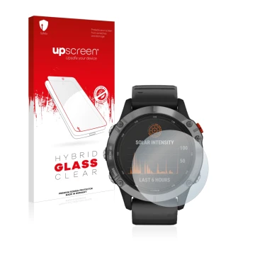 Face avant d’un emballage produit avec le logo de la marque upscreen. À côté, l’appareil Garmin Fenix 6 Solar est représenté a