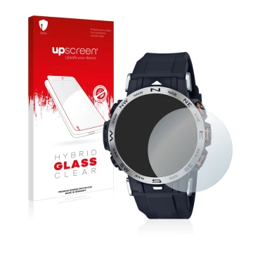 Face avant d’un emballage produit avec le logo de la marque upscreen. À côté, l’appareil Casio Pro Trek PRW-30-1AER est représ