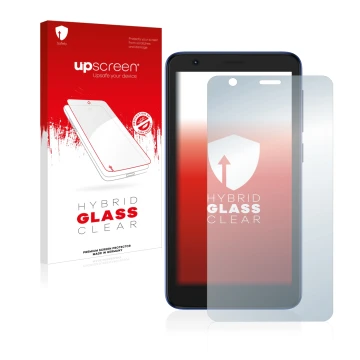 Face avant d’un emballage produit avec le logo de la marque upscreen. À côté, l’appareil ZTE Blade L9 est représenté avec la p