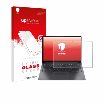 Face avant d’un emballage produit avec le logo de la marque upscreen. À côté, l’appareil Lenovo Yoga Slim 7 Pro 14