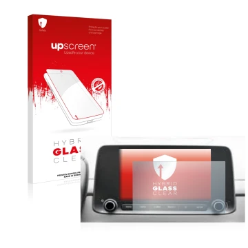 Face avant d’un emballage produit avec le logo de la marque upscreen. À côté, l’appareil Hyundai Kona 2021 Infotainment System