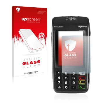 Face avant d’un emballage produit avec le logo de la marque upscreen. À côté, l’appareil ingenico Move 5000 est représenté ave