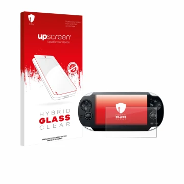 Face avant d’un emballage produit avec le logo de la marque upscreen. À côté, l’appareil Sony Playstation PS Vita est représen