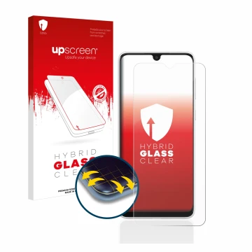 Face avant d’un emballage produit avec le logo de la marque upscreen. À côté, l’appareil Samsung Galaxy A03 est représenté ave
