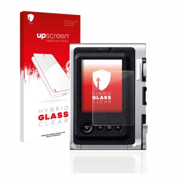 Face avant d’un emballage produit avec le logo de la marque upscreen. À côté, l’appareil Fujifilm Instax Mini Evo est représen