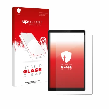 Face avant d’un emballage produit avec le logo de la marque upscreen. À côté, l’appareil Lenovo Tab TB-X306F est représenté av