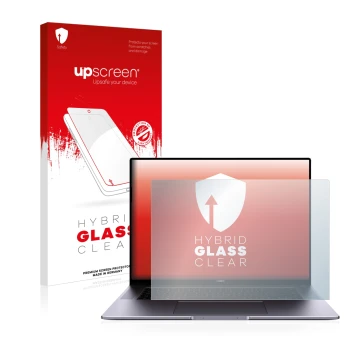 Face avant d’un emballage produit avec le logo de la marque upscreen. À côté, l’appareil Huawei MateBook 16 est représenté ave