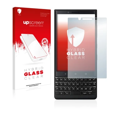 Face avant d’un emballage produit avec le logo de la marque upscreen. À côté, l’appareil BlackBerry Key2 (Dual Sim) est représ