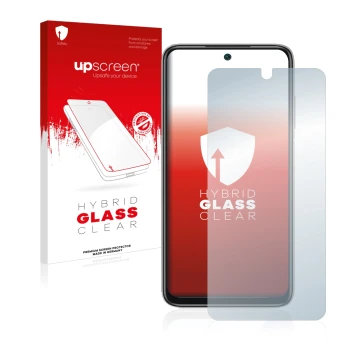Face avant d’un emballage produit avec le logo de la marque upscreen. À côté, l’appareil Xiaomi Redmi Note 11 4G est représent