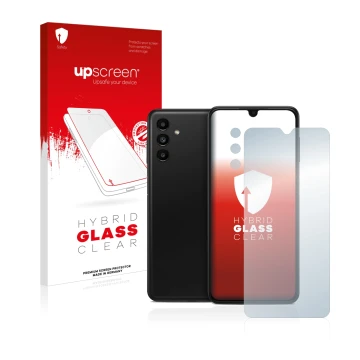 Face avant d’un emballage produit avec le logo de la marque upscreen. À côté, l’appareil Samsung Galaxy A13 5G (Avant+Caméra) 
