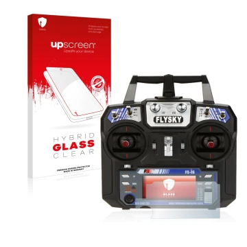 Face avant d’un emballage produit avec le logo de la marque upscreen. À côté, l’appareil FlySky FS-i6 est représenté avec la p