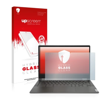 Face avant d’un emballage produit avec le logo de la marque upscreen. À côté, l’appareil Lenovo IdeaPad Flex 5i 13.3