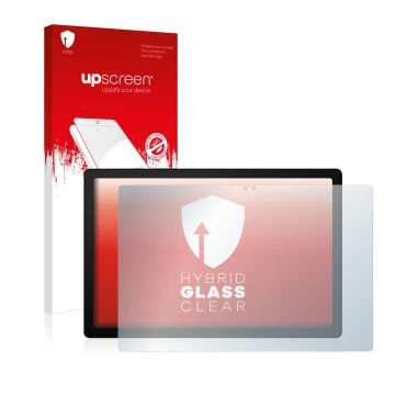 Face avant d’un emballage produit avec le logo de la marque upscreen. À côté, l’appareil Samsung Galaxy Tab A8 LTE est représe