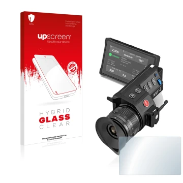 Face avant d’un emballage produit avec le logo de la marque upscreen. À côté, l’appareil Arri MVF-2 est représenté avec la pro