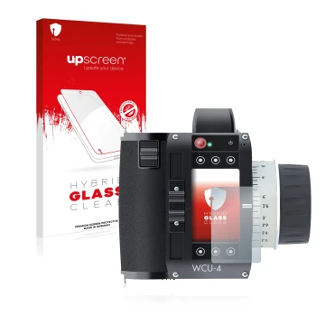 Face avant d’un emballage produit avec le logo de la marque upscreen. À côté, l’appareil Arri WCU-4 est représenté avec la pro