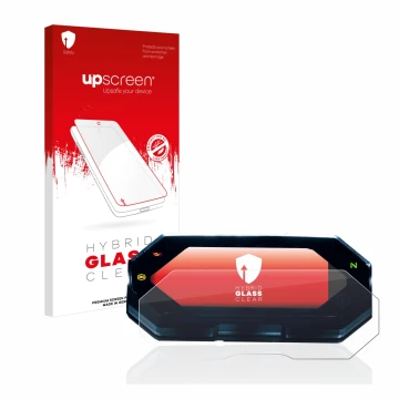 Face avant d’un emballage produit avec le logo de la marque upscreen. À côté, l’appareil Yamaha MT-07 2021 est représenté avec