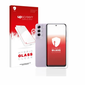 Face avant d’un emballage produit avec le logo de la marque upscreen. À côté, l’appareil Samsung Galaxy S21 FE 5G (Avant+Camér