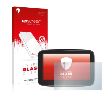 Face avant d’un emballage produit avec le logo de la marque upscreen. À côté, l’appareil TomTom GO Classic 5