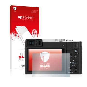 Face avant d’un emballage produit avec le logo de la marque upscreen. À côté, l’appareil Panasonic Lumix DC-TZ95 est représent