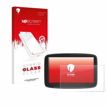Face avant d’un emballage produit avec le logo de la marque upscreen. À côté, l’appareil TomTom GO Classic 6