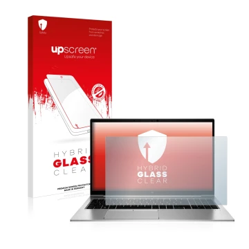Face avant d’un emballage produit avec le logo de la marque upscreen. À côté, l’appareil HP EliteBook 855 G7 Non-Touch est rep