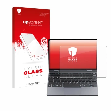 Face avant d’un emballage produit avec le logo de la marque upscreen. À côté, l’appareil Chuwi MiniBook X est représenté avec 