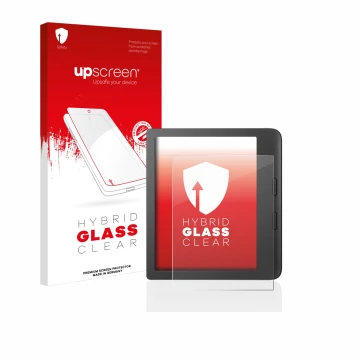 Face avant d’un emballage produit avec le logo de la marque upscreen. À côté, l’appareil Tolino Vision 6 est représenté avec l