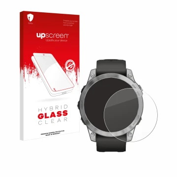 Face avant d’un emballage produit avec le logo de la marque upscreen. À côté, l’appareil Garmin Fenix 7 (47 mm) est représenté