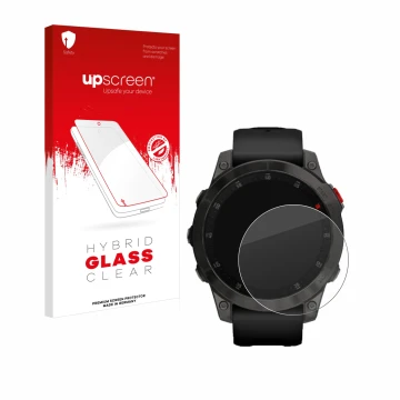 Face avant d’un emballage produit avec le logo de la marque upscreen. À côté, l’appareil Garmin epix (Gen. 2) est représenté a
