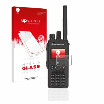 Face avant d’un emballage produit avec le logo de la marque upscreen. À côté, l’appareil Motorola MTP3550 est représenté avec 