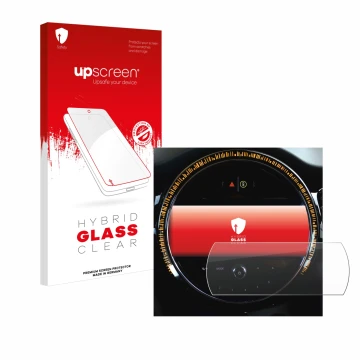 Face avant d’un emballage produit avec le logo de la marque upscreen. À côté, l’appareil Mini Cooper 2021 Infotainment System 