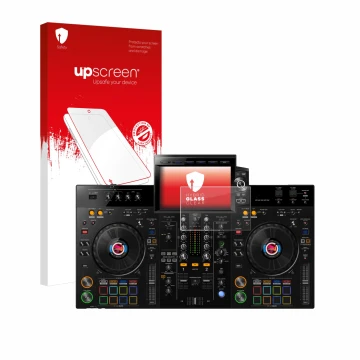 Face avant d’un emballage produit avec le logo de la marque upscreen. À côté, l’appareil Pioneer XDJ-RX3 est représenté avec l