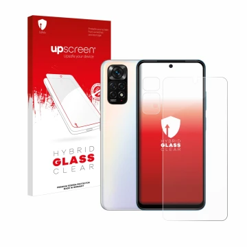 Face avant d’un emballage produit avec le logo de la marque upscreen. À côté, l’appareil Xiaomi Redmi Note 11S (Avant+Caméra) 