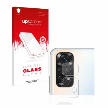 Face avant d’un emballage produit avec le logo de la marque upscreen. À côté, l’appareil Xiaomi Redmi Note 11S (Caméra UNIQUEM