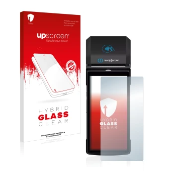 Face avant d’un emballage produit avec le logo de la marque upscreen. À côté, l’appareil Ready2order ReadyGo est représenté av