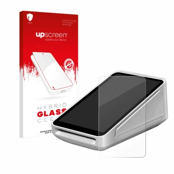 Face avant d’un emballage produit avec le logo de la marque upscreen. À côté, l’appareil Square Terminal est représenté avec l