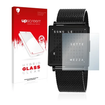 Face avant d’un emballage produit avec le logo de la marque upscreen. À côté, l’appareil Qlocktwo W35 est représenté avec la p