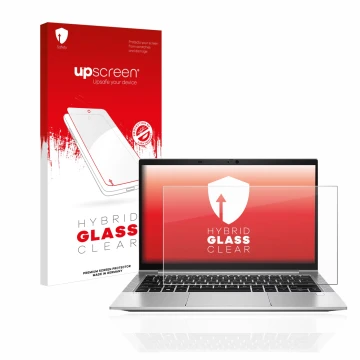 Face avant d’un emballage produit avec le logo de la marque upscreen. À côté, l’appareil HP EliteBook 830 G8 est représenté av