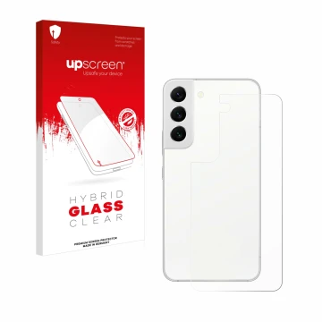 Face avant d’un emballage produit avec le logo de la marque upscreen. À côté, l’appareil Samsung Galaxy S22 5G (Arrière) est r