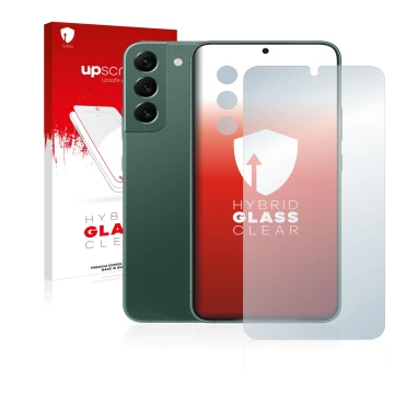 Face avant d’un emballage produit avec le logo de la marque upscreen. À côté, l’appareil Samsung Galaxy S22 Plus 5G (Avant+Cam