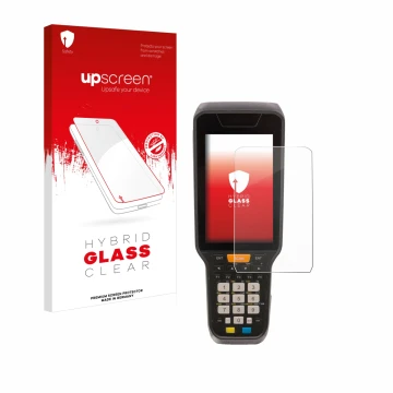 Face avant d’un emballage produit avec le logo de la marque upscreen. À côté, l’appareil Datalogic Skorpio X5 est représenté a