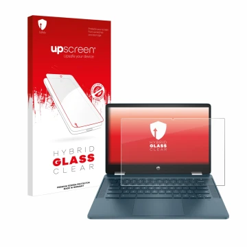 Face avant d’un emballage produit avec le logo de la marque upscreen. À côté, l’appareil HP Chromebook x360 (14b-cbX) est repr