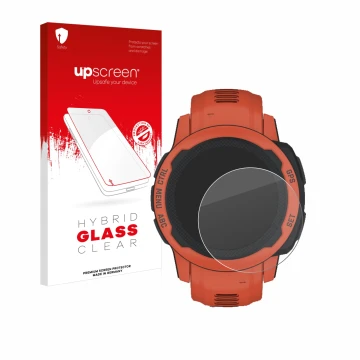 Face avant d’un emballage produit avec le logo de la marque upscreen. À côté, l’appareil Garmin Instinct 2S est représenté ave