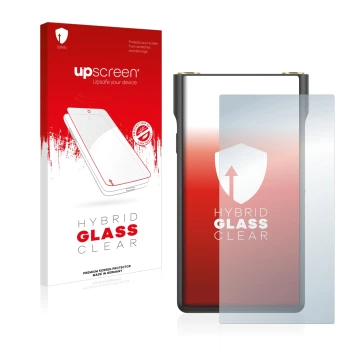 Face avant d’un emballage produit avec le logo de la marque upscreen. À côté, l’appareil Sony Walkman NW-WM1AM2 est représenté