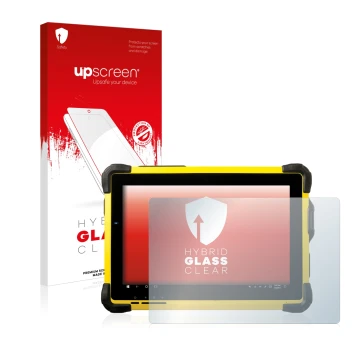 Face avant d’un emballage produit avec le logo de la marque upscreen. À côté, l’appareil Trimble T10 est représenté avec la pr